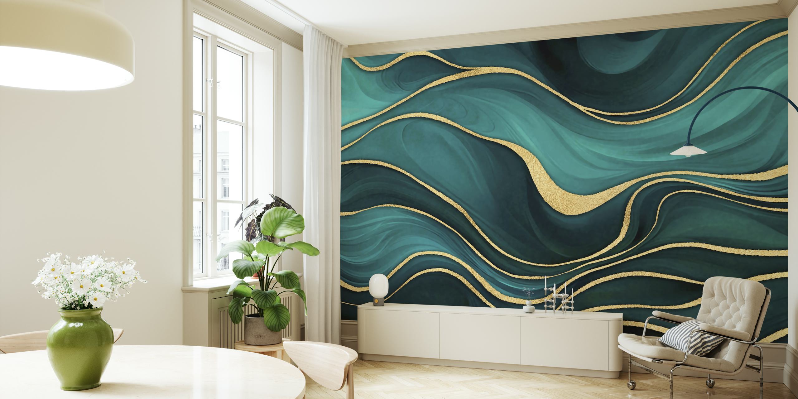Luxury Marble Teal Turquoise behang weergegeven